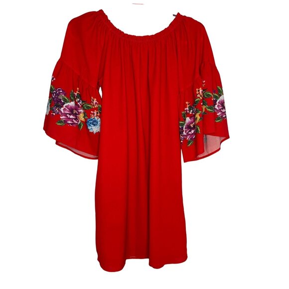 Umgee Red Floral Peasant Dress Small Boho Bell Sleeve Cottagecore - Picture 10 of 12